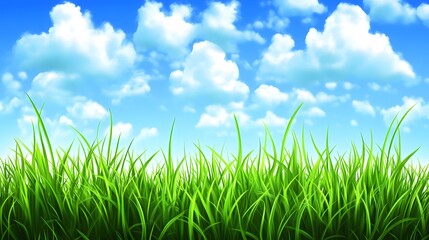 Fototapeta premium Vibrant Green Grass Meadow Under Blue Sky with Fluffy Clouds