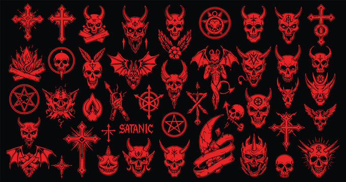 Demonic & Occult Tattoo Art: A comprehensive set of red devil and dark themed tattoo designs, perfect for bold and edgy body art, featuring skulls, pentagrams, and symbols for a striking aesthetic.