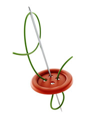 Sewing needle, rope and button isolated on transparent background. 3D illustration