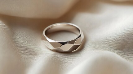 Close up of modern luxury silver ring with faceted edges presented on a soft fabric background in minimalist styling 