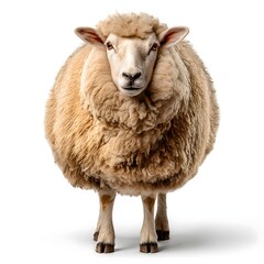 Fluffy sheep standing calmly, light beige wool coat, farm setting, ideal for rural themes and animal care content.