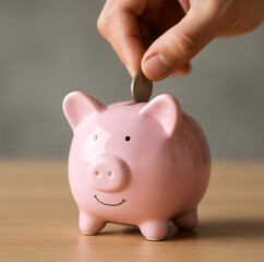A hand putting a coin in a piggy bank. The concept of saving money or savings, investment
