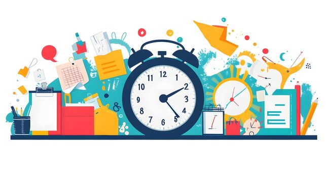 Time Management: A colorful illustration of an alarm clock and other time-related elements symbolizing the importance of time in various aspects of life. - Powered by Adobe
