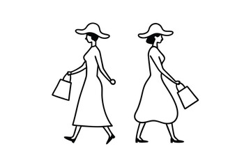 Elegant women walking line art shopping bags hats
