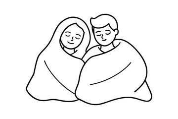 Couple snuggling under a blanket line art illustration
