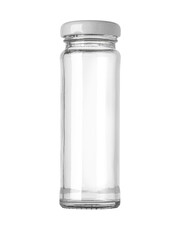 Fototapeta na wymiar Empty glass jar with white lid standing on white background