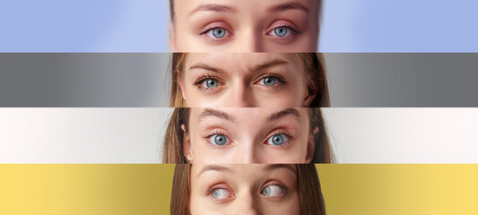 Striking close-up of expressive eyes against colorful backgrounds highlighting emotion and beauty
