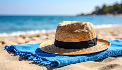 Beach hat with towel, and summer vacation.