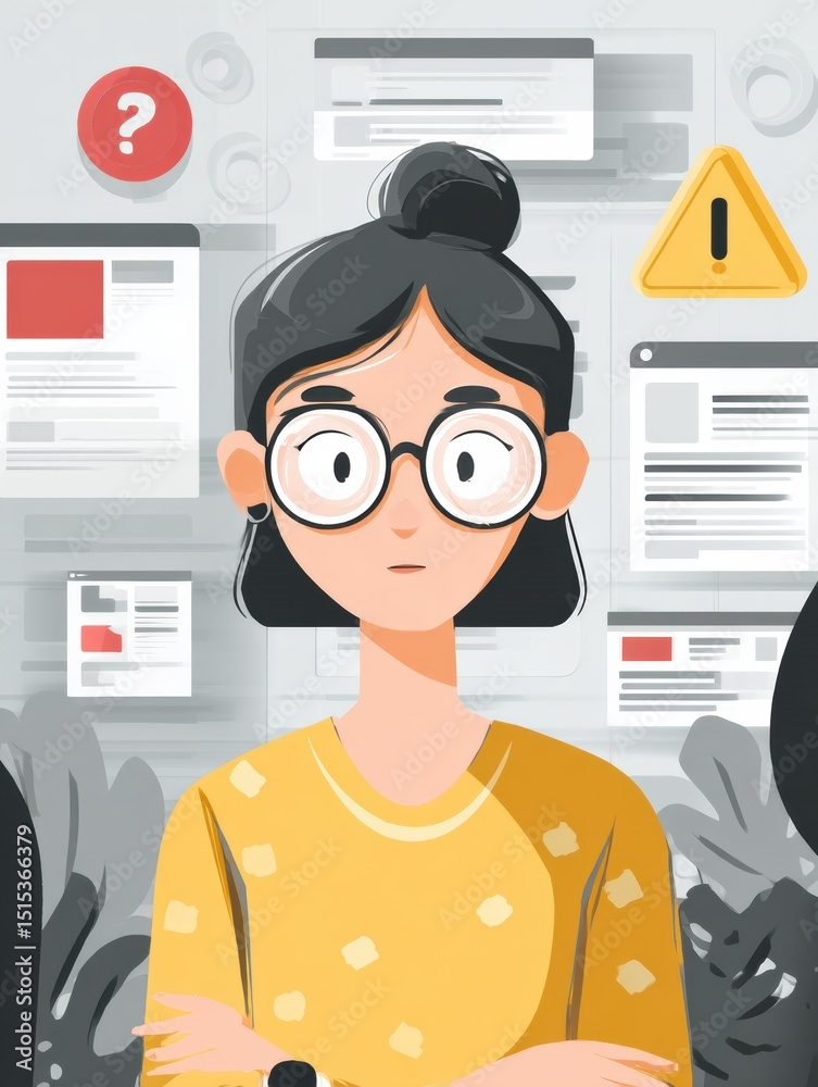 Poster Confused Avatar Caught in a Swirl of Alerts and Notifications in a Digital Environment, Showcasing Uncertainty and Distraction