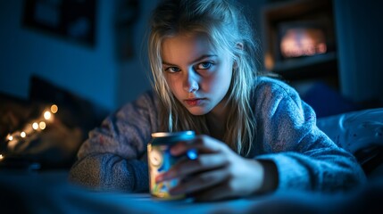 A girl intensely plays a video game at home, her focus fixed on a can of energy drink.