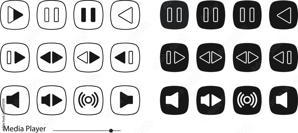 Poster set of media player control icons, outline and solid buttons for playback and volume ai generative