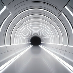 Futuristic white tunnel with glowing lines leading into darkness. Clean, sharp, and silent
