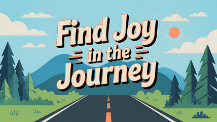 Road leading to mountains with trees and find joy in the journey message
