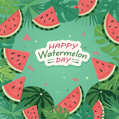 Watermelon Vector Illustration on Light Green Background – Whole and Sliced Fruit with Tropical Leaves – Cute Summer Decor for Kids, Holiday Design, Seasonal Projects and National Watermelon Day