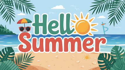 Hello summer text on beach with palm trees sun and sunglasses illustration