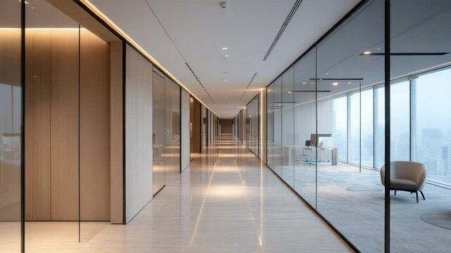 Modern, minimalist office hallway with glass partitions and natural light