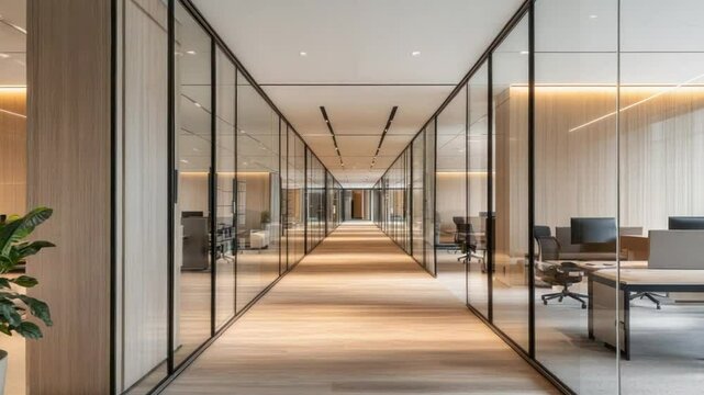 Modern office hallway with glass partitions