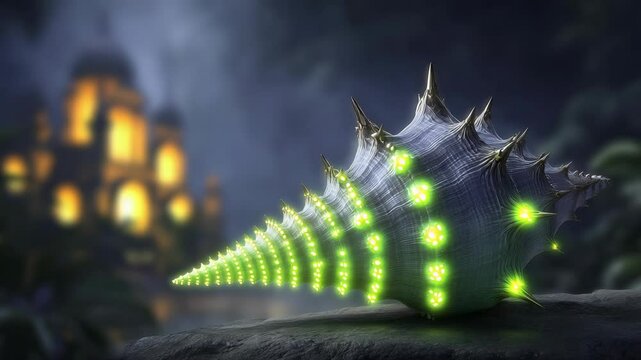 Futuristic shell illuminated in a mystical environment at night  