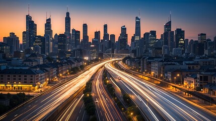 Obraz premium Modern City Skyline at Blue Hour – High-Resolution Urban Illustration with Traffic Trails and Glass Reflections