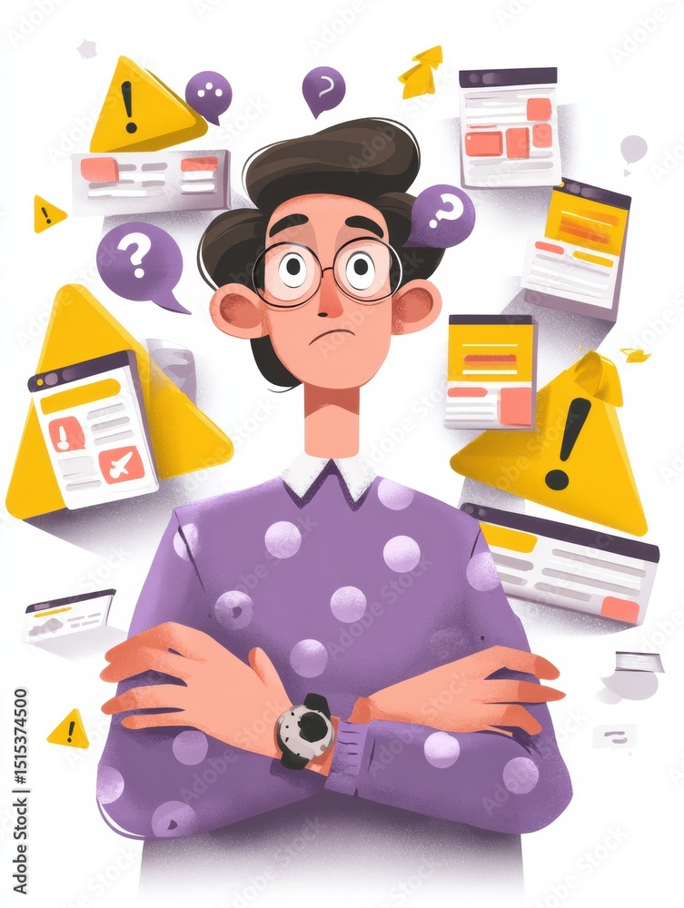 Poster Confused Avatar Surrounded by Alerts and Notifications Indicating Overwhelming Digital Environment