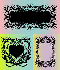 Vector illustration with three cyber sigilism/neo tribal black motifs on pastel gradients. Features bold, futuristic lines and sharp details, echoing top Y2K and cyber-aesthetic trends.