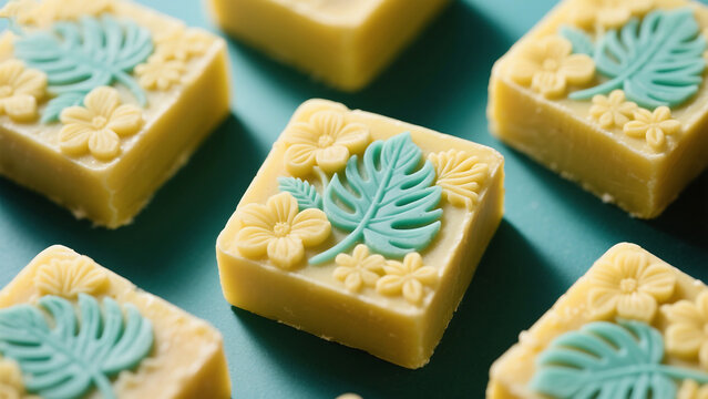 soymilk soap, handmade natural soap, pastel blue floral motif, botanical leaf pattern, artisanal crafted, handcrafted design, close-up shot, vibrant colors, detailed texture, minimalist aesthetic