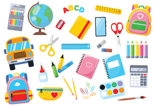 Big set of school supplies. Back to school. School bus, notebooks, books, set of colored pencils, backpack, paints, globe, stationery. Vector illustration in flat style