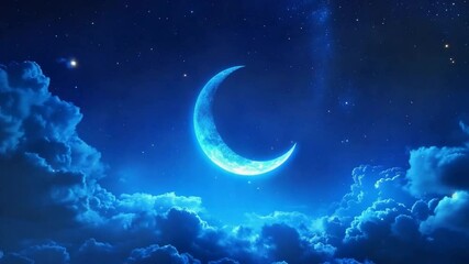 Enchanting night scene with a luminous crescent moon shining amidst fluffy clouds - Powered by Adobe