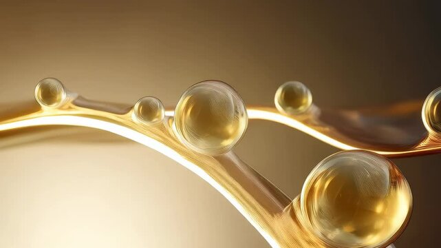 Golden oil drops flowing in smooth liquid