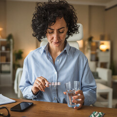 Businesswoman drink pills for headache or migraine sit at home office
