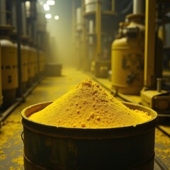 Yellowcake uranium oxide powder in industrial container at uranium processing facility

