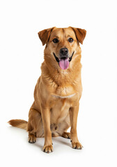 Happy brown mixed-breed dog sitting and looking at camera with tongue out – isolated on white background, friendly pet portrait, adoptable dog concept