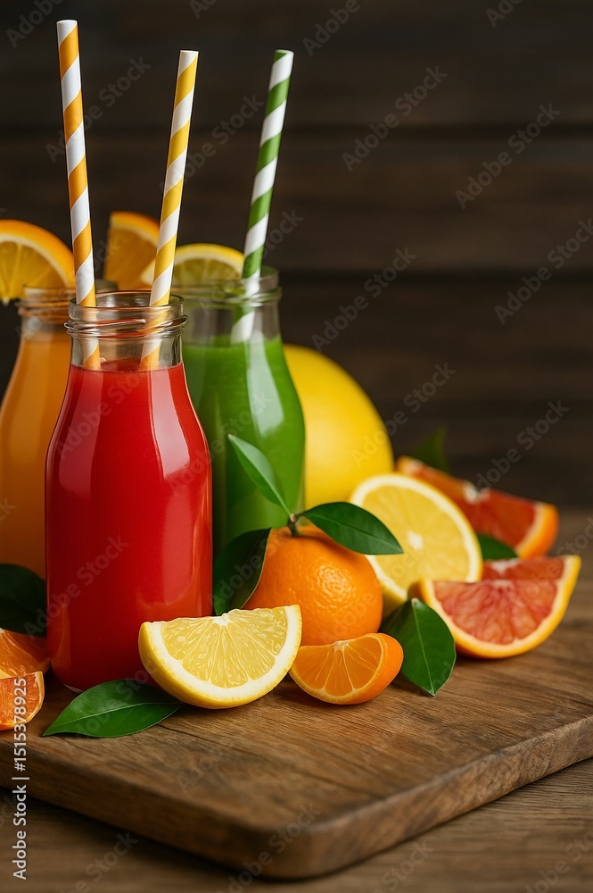 Poster two glasses filled with red juice, each containing straws, surrounded by slices of oranges and lemon
