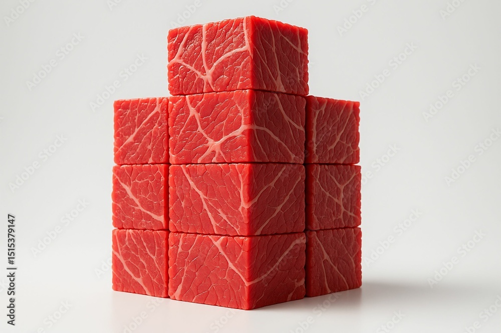 Poster stack of red cubed meat with visible marbling patterns.