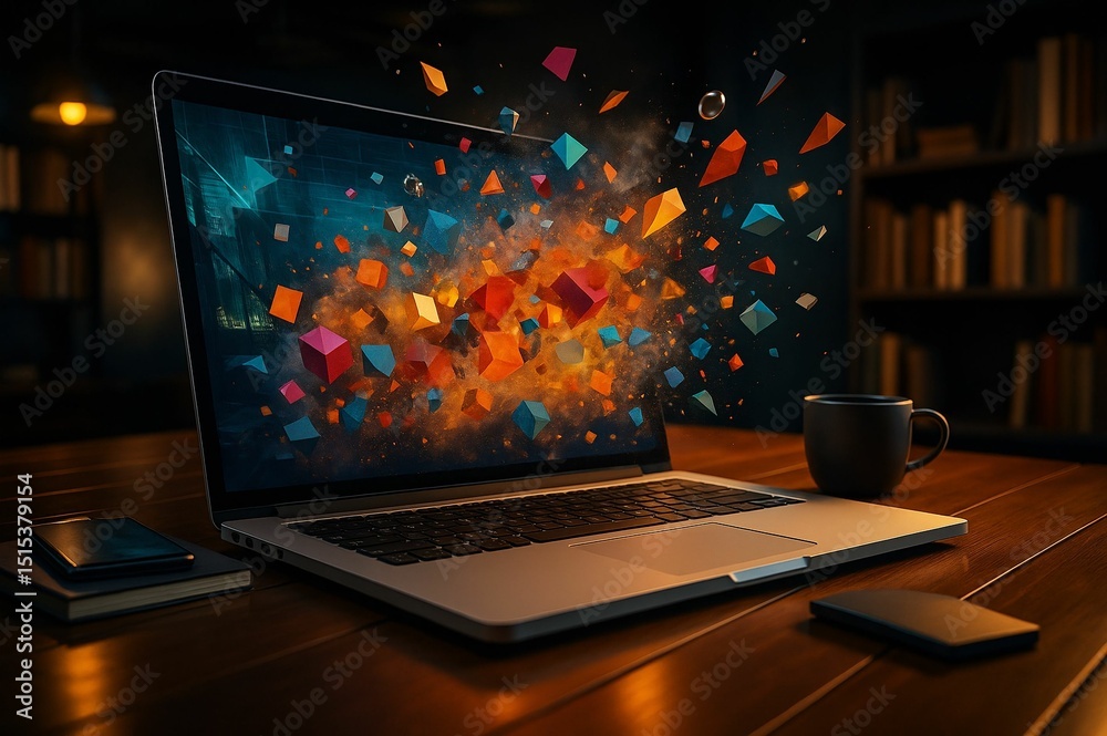 Poster laptop on desk with colorful digital particles flying out of it.