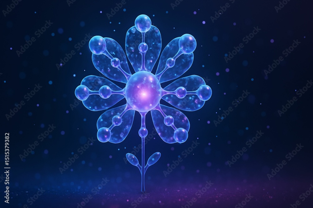 Poster digital artwork of flower-like structure composed of multiple spheres in shades of blue and purple against dark background, with additional smaller spheres floating around it.