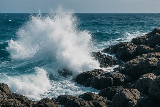 rocky shore with white foamy waves crashing against it.