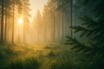 Obraz premium misty forest scene with tall trees and bright sunrise.