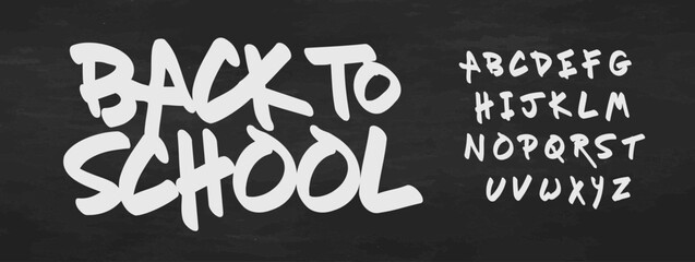 Fototapeta na wymiar Back-to-school graffiti script, handwritten chalk alphabet, bold lettering on classroom chalkboard. Quick brush calligraphic style, urban headline typo. Vector typeset.
