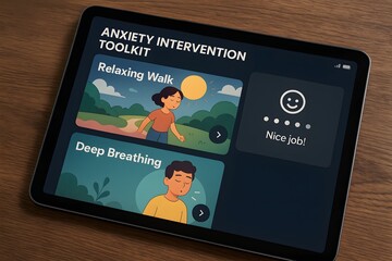A close-up shot of an interactive tablet screen with an anxiety intervention toolkit interface, designed to support mental well-being.