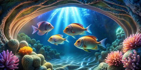 Serene Underwater Grotto Four Colorful Fish Swim Gracefully Through Sunlit Coral Reef