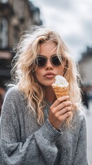Young Woman Enjoying Ice Cream in City Street During Sunny Day With Sunglasses On