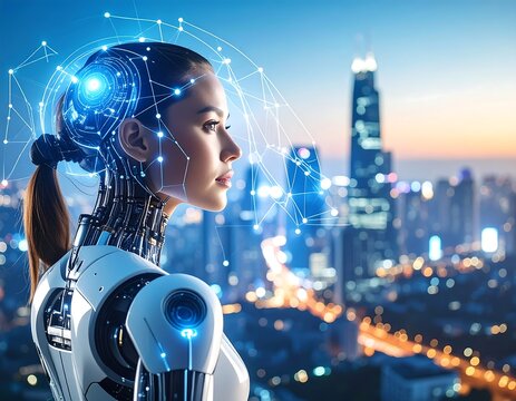 Futuristic robot woman gazing at city skyline