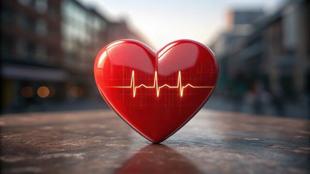 Cardiology Concept: Hypertension and Arrhythmia Monitoring, Red heart with a heartbeat line on a blurred urban background, symbolizing health and love.