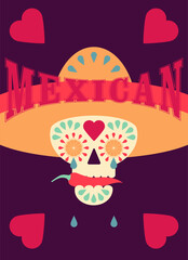 Mexican skull in sombrero with chili pepper. Mexican vintage style poster design. Vector illustration.