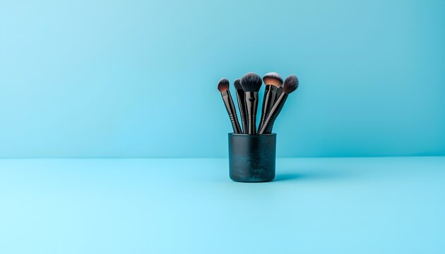 Schwarze Pinsel zum Schminken in einem get&ouml;pferten Gef&auml;&szlig; vor einem blauen Hintergrund 