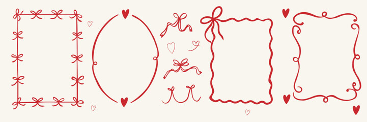 Set bow frames template with space for text. Hand drawn frames with bows ribbons isolated on background. Red line
