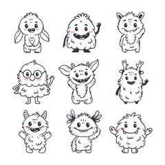 set of cartoon monsters. Cute monsters in doodle style. Kids funny character design for posters, cards, magazins. Line. Vector illustration