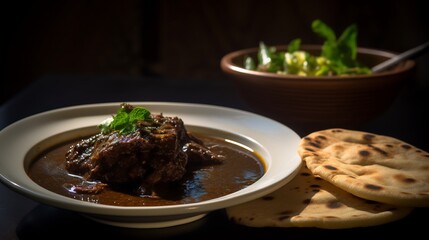 herbs Pakistani beef nihari with naan and fresh