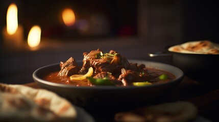 Pakistani beef nihari with naan and fresh herbs Closeup